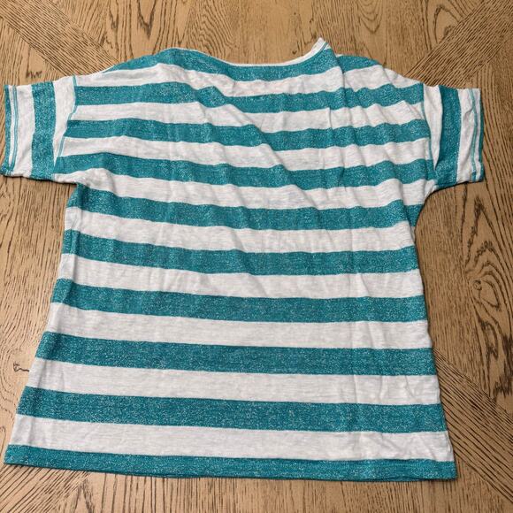 Chico’s Women’s 0 Small Sparkle Teal White Striped Tinsel Tee - Picture 2 of 7